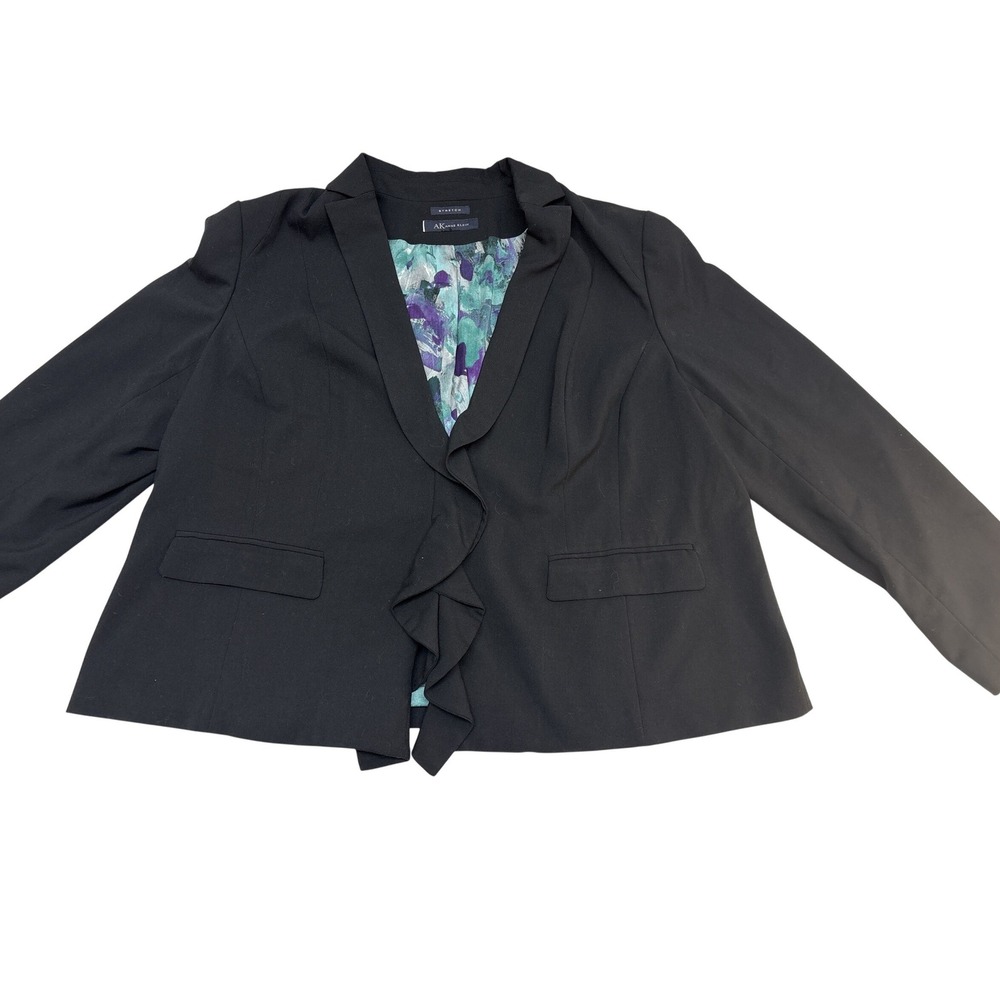 Anne Klein Black Ruffle Front Zip Stretch Blazer Jacket Floral Lining‎ Size 22W